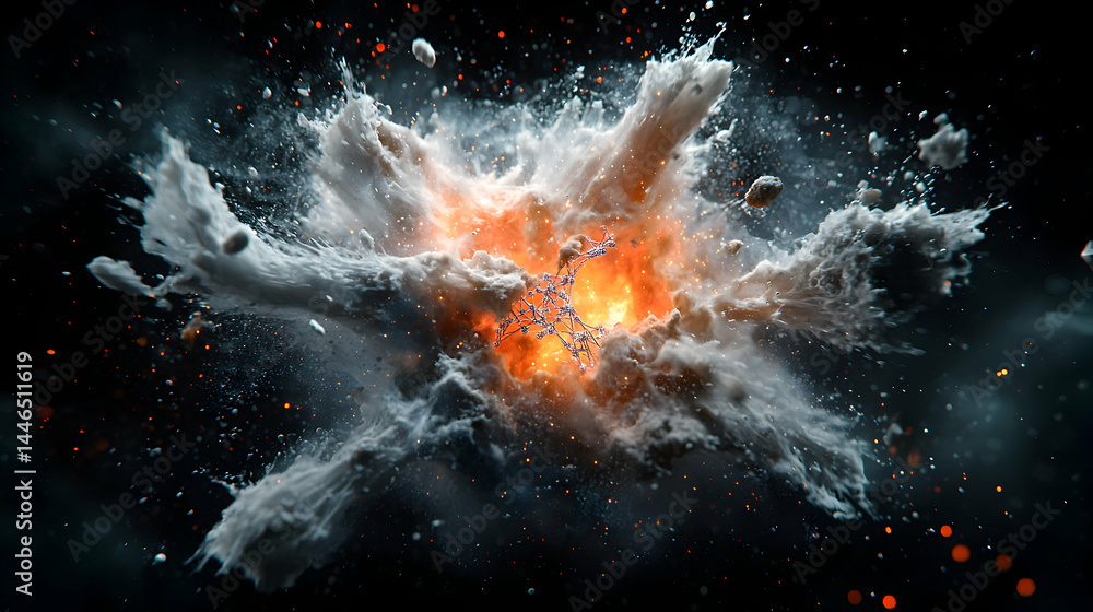 Poster a dynamic explosion artwork depicting a fiery core surrounded by expanding clouds and debris. suitab