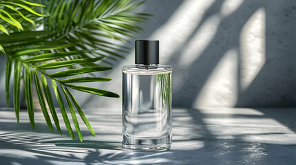 Elegant Perfume Bottle Surrounded by Green Leaves and Natural Light