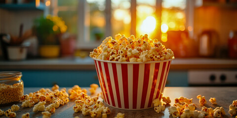 Beautiful kitchen at sunset with a large bowl of popcorn and scattered kernels, creating a cozy atmosphere for gatherings and movie nights