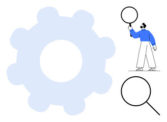 Gear symbolizing process mechanics with person examining using magnifying glass. Ideal for innovation, strategy, analysis, research, optimization, development, simple landing page