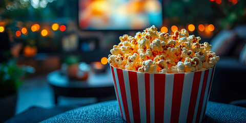 Cinematic snack experience with freshly popped popcorn in a cozy living room setting during an evening gathering
