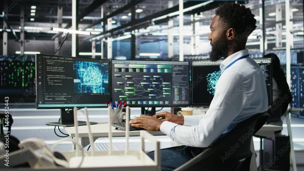 Poster server hub admin using ai neural network node tree program to optimize system health. data center it