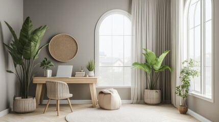 Bright and airy workspace with natural elements like plants, wood textures, and soft neutral tones