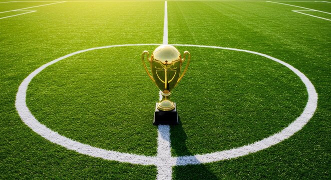 Golden trophy on football field center. Victory symbol at midfield circle. Sports achievement concept. For championship final, tournament celebration, award ceremony