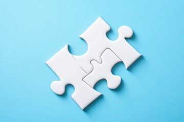Obraz premium Two white puzzle pieces joined together on a light blue surface