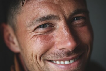 Fototapeta premium A close-up portrait of a smiling man with a warm glow, conveying contentment and happiness.