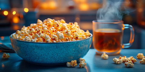 Enjoying a cozy evening with popcorn and warm tea in a modern kitchen setting