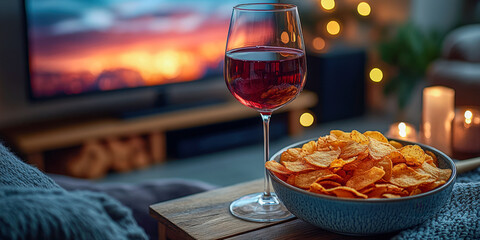 Cozy evening with snacks and a glass of wine for a relaxing night at home during autumn