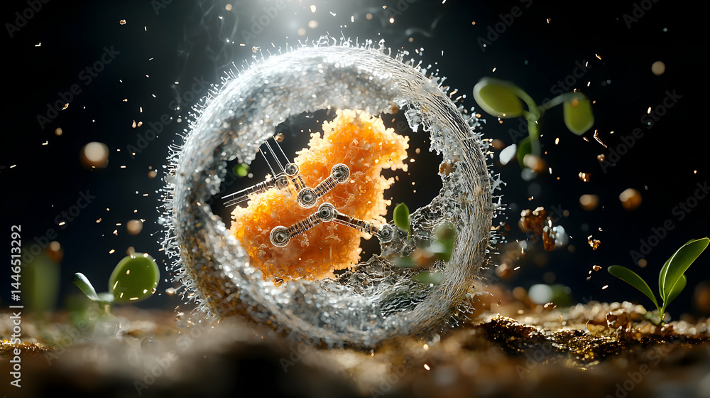 Poster a futuristic scene showing a cell with robotic elements. it could be used to promote scientific adva
