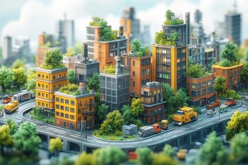 Eco-friendly city, green rooftops, sustainable urban landscape, future city design, environmental concept