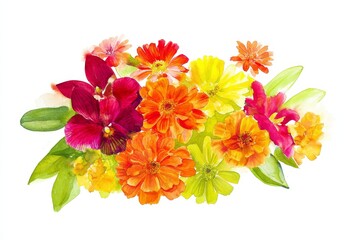 Vibrant floral arrangement of orchids and zinnias in warm tones.