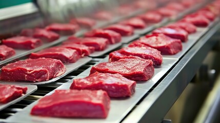Fresh cuts of beef neatly arranged on trays in a processing facility showcasing quality control