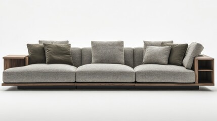 Fototapeta premium Clean minimalist living room with low-profile sofa, monochrome decor elements, and hidden storage