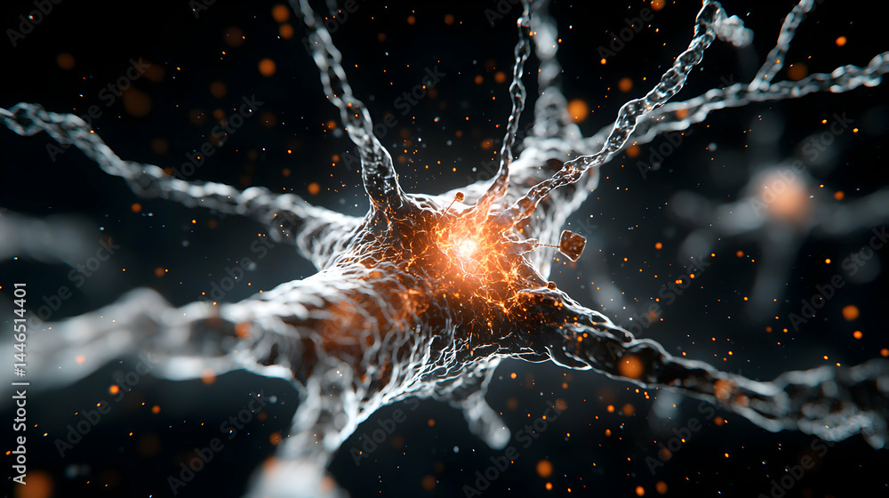 Poster a visually stunning illustration of a neuron. it depicts the electrical activity and complex structu