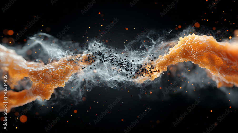 Poster an abstract image featuring molecular structures surrounded by orange and white textures. ideal for 