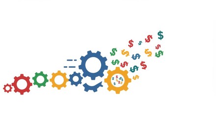 Gears in motion generating wealth represented by dollar symbols isolated