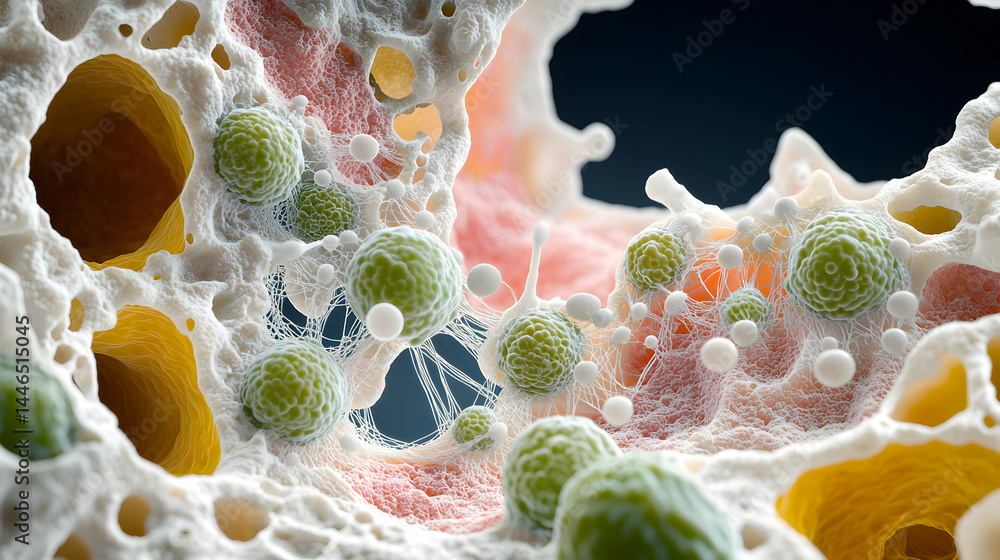 Poster microscopic view of cells depicting intricate structures including spherical elements and cellular c