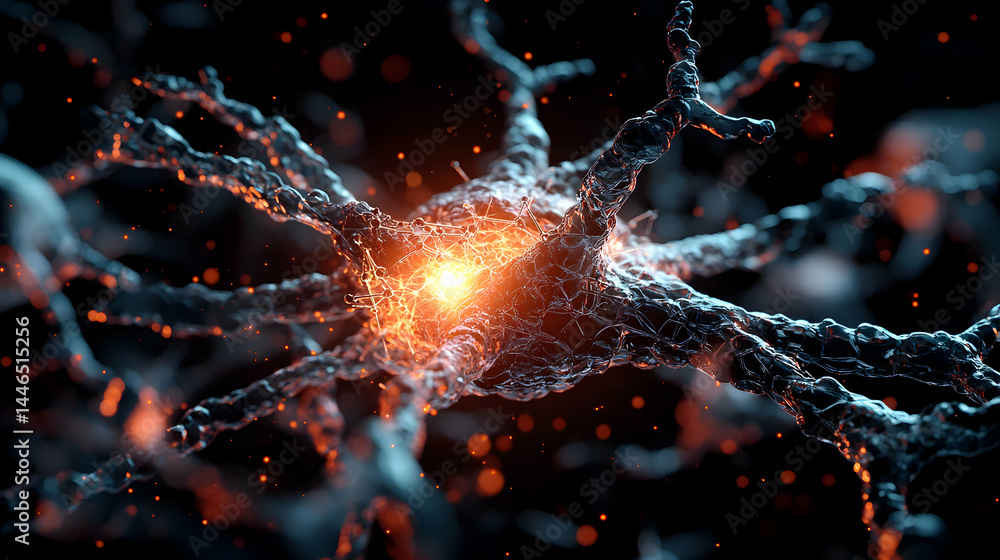 Poster this image depicts a neuron firing with an artistic representation of neural networks. use it for ed