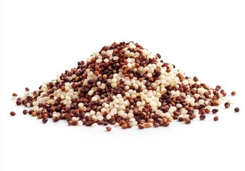 Beige and Brown Quinoa Grains Pile on White Background