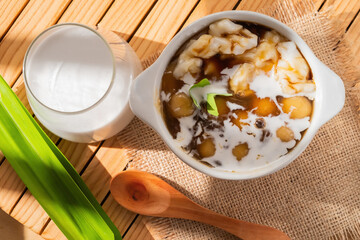 Overhead View of Asian Dessert in Bowl on Wooden Surface