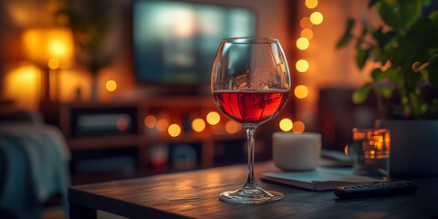 Relaxing evening with red wine glass illuminated by soft lights in a cozy living room atmosphere