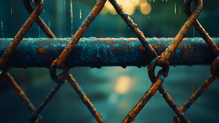 Rusty Chain Link Fence with Raindrops and Bokeh Background