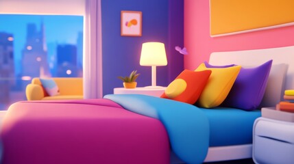 Colorful Bedroom with City View - Modern Interior Design room background