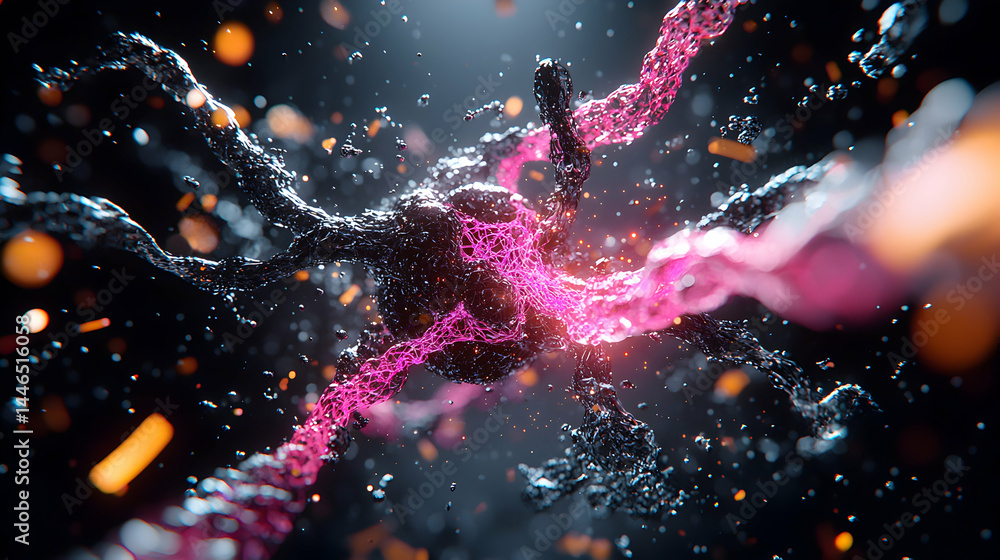 Poster abstract digital art showcasing intertwined liquid-like forms with vibrant colors and particles. ide