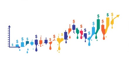 Abstract Candlestick Chart with Money Symbols Showing Financial Growth Trend