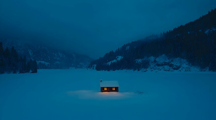 Tranquil Winter Cabin on Snowy Lake at Dusk with Soft Glow