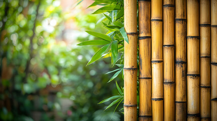 Obraz premium Close-Up of Bamboo Fence with Green Leaves in Soft Natural Light