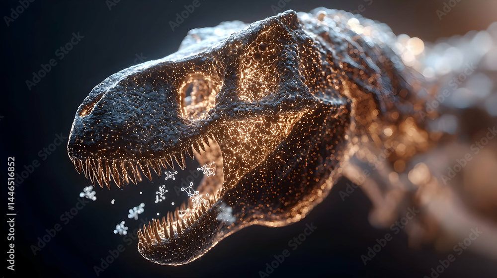 Poster an artistic depiction of a dinosaur skull glowing with points of light suggestive of interconnected 