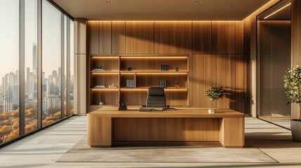 Modern executive office interior design with city view.