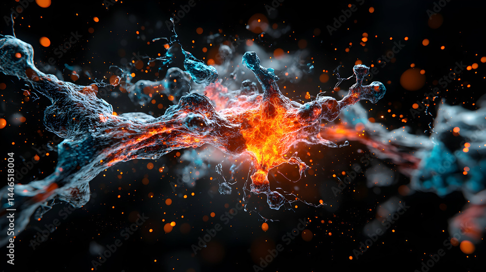Poster abstract depiction of a neuron or nerve cell with fiery core and intricate structure. suggesting sci