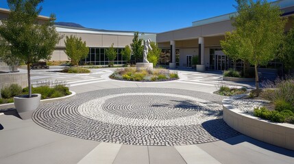 Entry plaza with paver pattern design, public art, and structured landscaping