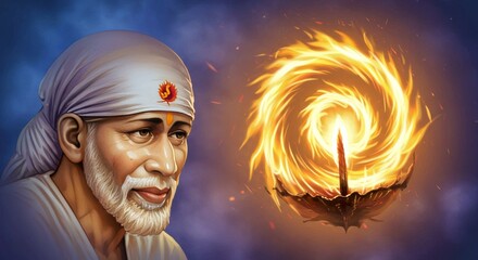 Serene portrait of sai baba illuminated by the mystical glow of a diya