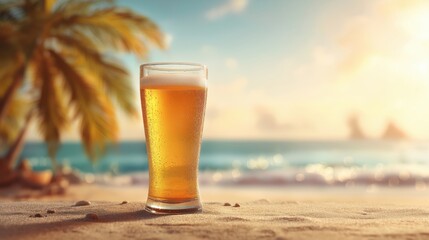 Tall glass of golden beer on light brown sand with palm tree and ocean at sunrise or sunset