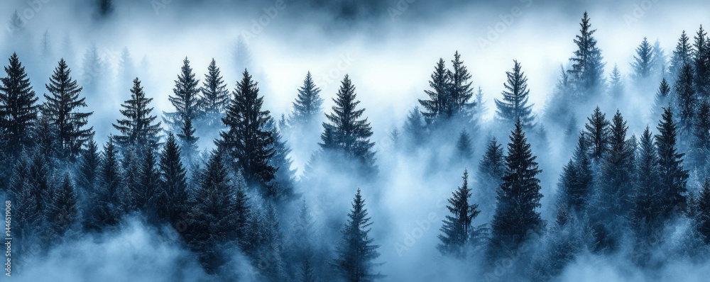 Poster a forest with trees covered in mist. the trees are tall and the sky is cloudy. the mist gives the fo