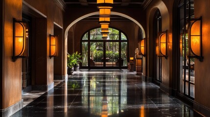 Grand hallway with arched ceilings, art deco sconces, and polished marble flooring