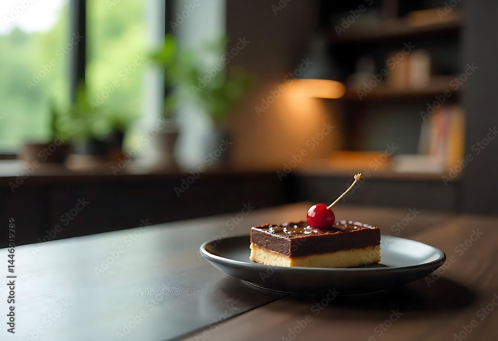 Poster generative ai image shows chocolate layered cake with cherry topping