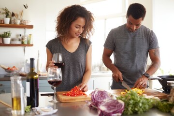 A couple enjoys cooking together in their kitchen, with fresh ingredients and wine.