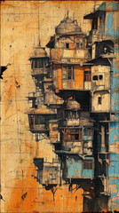 A painting of a building with a blue roof and orange trim. The building is multi-story and has a lot of windows. The painting is done in a very detailed and intricate style