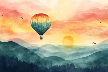 Fototapeta premium Serene Watercolor Hot Air Balloon Sunset Landscape Painting Peaceful Mountain Range Scenic View Artistic Illustration Tranquil Nature Scene Dreamy Sky Colors Beautiful Sunrise 