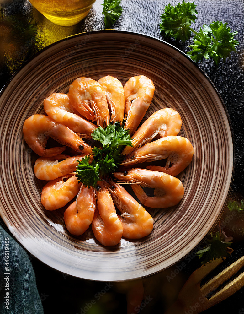 Poster a plate of cooked shrimp arranged in a circular pattern, with parsley in the center. generative ai
