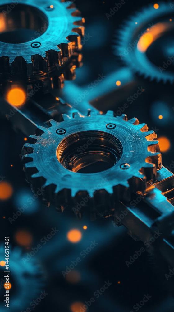 Poster a close up of a set of gears with a blue background. the gears are all different sizes and are arran
