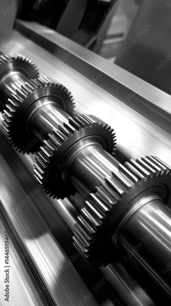 Poster a row of gears are shown in black and white. the gears are all different sizes and are arranged in a