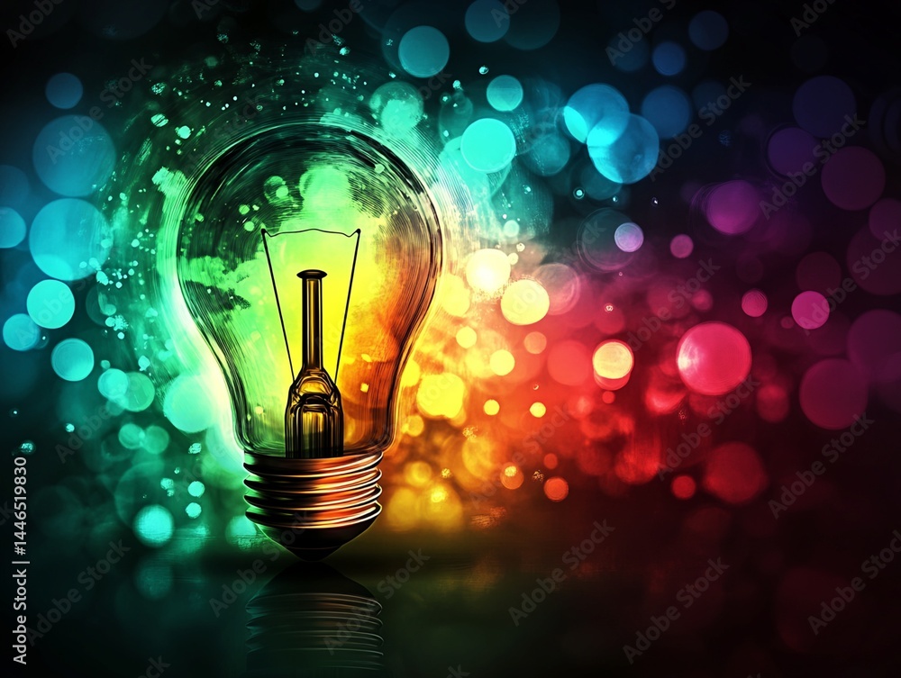 Poster illuminated light bulb with multicolored bokeh background