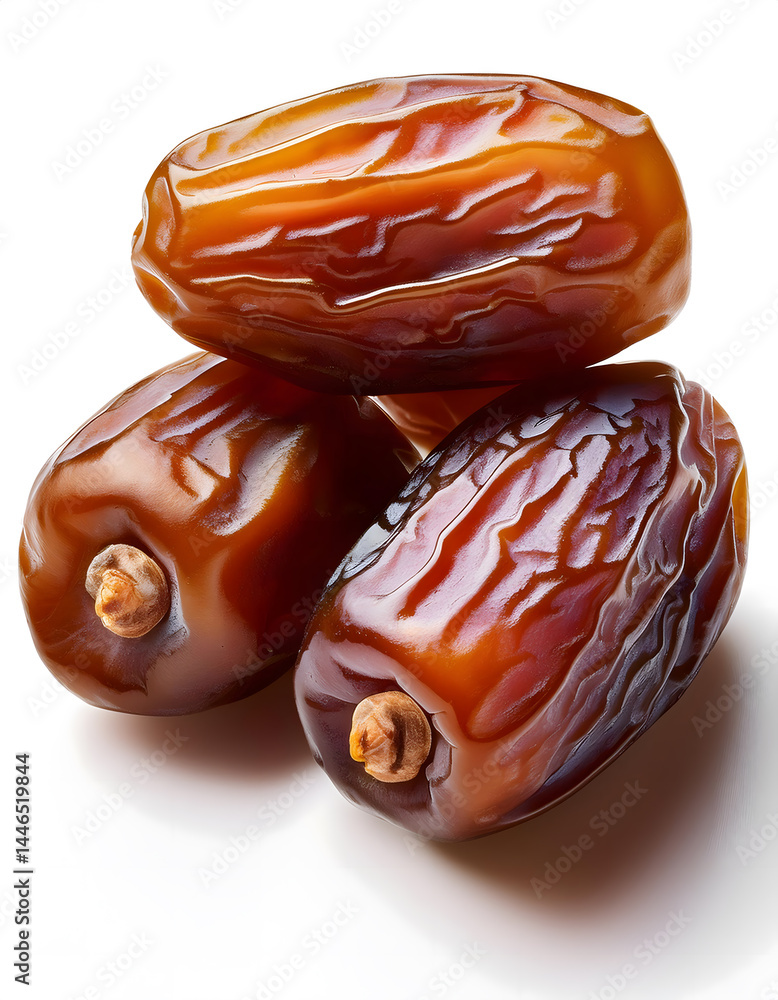 Poster a close-up image of four glossy, wrinkled dates stacked together, showcasing their rich brown color 