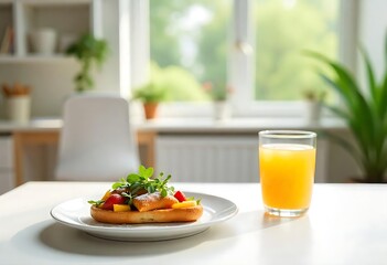Generative AI Image of a delightful breakfast scene with fruit toast and fresh orange juice on a bright morning