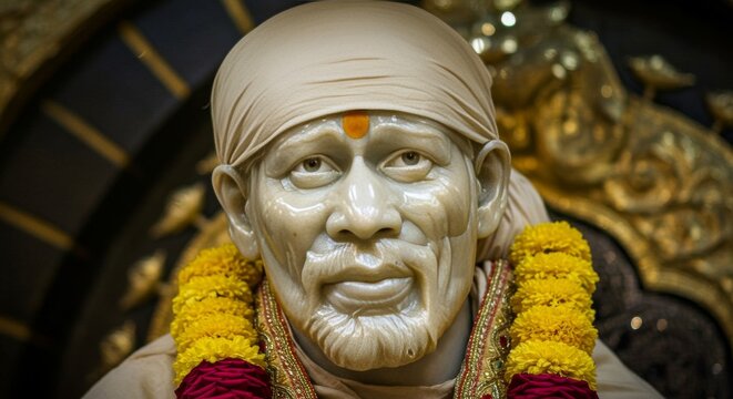 Serene depiction of Sai Baba's sculpture adorned with marigold garland